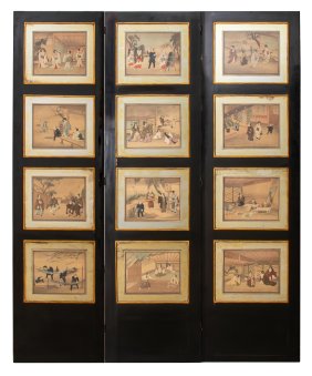 Japanese Embossed Paintings 3-Panel Screen