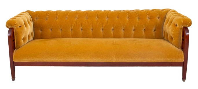 Swedish Art Nouveau Upholstered Mahogany Sofa: Swedish Art Nouveau Jugendstil Style Mohair Upholstered Mahogany Sofa, with buttoned back and seat with scrolling arms, the fronts with down-turned mahogany supports with horizontal supports. 29.75"