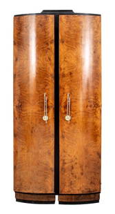 Art Deco Two Door Burl Walnut Armoire: Art Deco Two Door Burl Walnut Armoire, part ebonized and with chromed metal fittings, possibly British, circa 1930s. 74" H x 32" W x 20" D. Keywords: Furniture, Wardrobe, Cabinet, Shelves, English, Ar