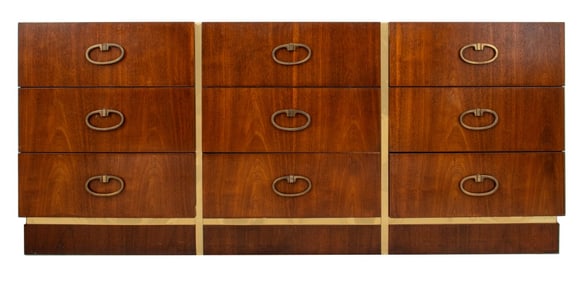 Mid-Century Campaign Style Walnut 9-Drawer Chest