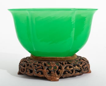 Chinese Green Peking Glass Lotus Form Bowl
