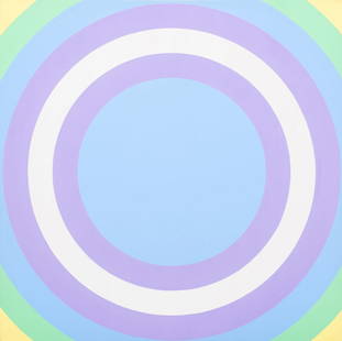 Capobianco Pop Art Rainbow Acrylic on Canvas: Domenick Capobianco (American, b. 1928), Pop Art Rainbow, Acrylic on Canvas, depicting polychrome concentric circles, apparently unsigned, "Studio Domenick Capobianco" stamp to verso, unframed. 60" H