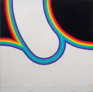 Domenick Capobianco Abstract Acrylic on Canvas: Domenick Capobianco (American, b. 1928), Abstract Pop Art Composition, Acrylic on Canvas, depicting a freeform rainbow motif of a black and white ground, apparently unsigned, "Studio Domenick Capobian