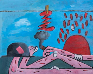 Domenick Capobianco Surrealist Oil on Canvas: Domenick Capobianco (American, b. 1928), Surrealist Composition, Oil on Canvas, depicting an injured man with hat smoking with sunshine in background, apparently unsigned, "Studio Domenick