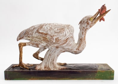 Art Pottery Heron & Fish Glazed Ceramic Sculpture