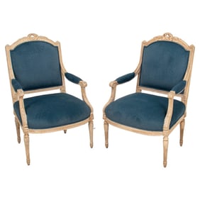 French Louis XVI Style Upholstered Fauteuils, Pair