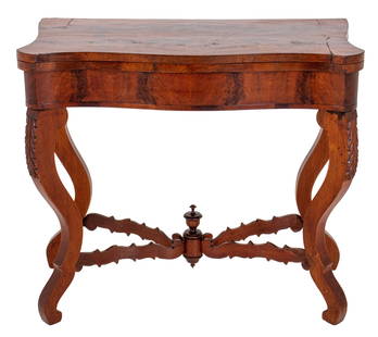 American Victorian Flip Top Console Card Table: American Victorian Flip Top Mahogany Veneer Console Card Table, with carved scroll legs. 30.5" H x 34.5" W x 18.5" D. Provenance: From a New York City collection. Keywords: Furniture, Games table,