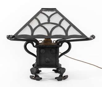 Arts and Crafts Cast Iron Electrified Oil Lamp