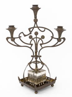 Secessionist Brass & Glass 3-Arm Candelabra: Secessionist Brass and Glass Three-Arm Candelabra, circa early 20th century and likely German or Austrian, apparently unsigned. 17" H x 12" W x 8.5" D. Provenance: From a Chelsea estate. Keywords: