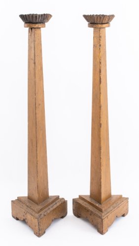 Art Deco Giltwood Tall Candlestick Holders, Pair
