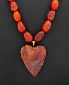 Carnelian Bead Heart Pendant Necklace 14K Clasp