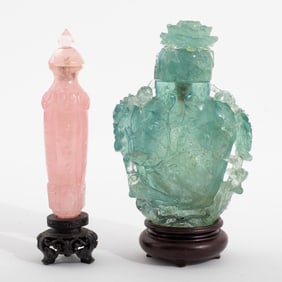 Chinese Rose Quartz and Fluorite Snuff Bottles, 2
