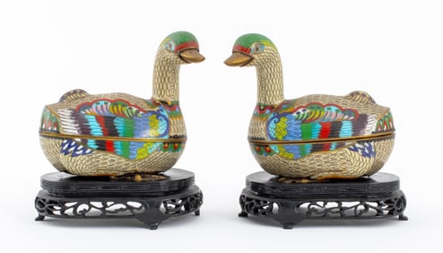 Chinese Cloisonne Enamel Bird Boxes, Pair