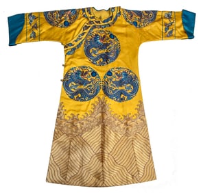 Chinese Hand-Embroidered Yellow Silk Dragon Robe