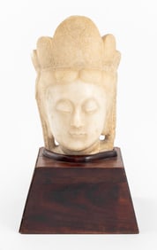 Chinese Marble Quan Yin Head Fragment on Stand