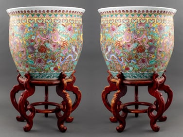 Chinese Famille Rose Ceramic Jardinieres, Pair