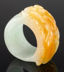 Chinese Carved Russet & Celadon Jade Fish Ring