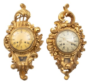 Swedish Rococo Style Giltwood Cartel Clocks, Pair