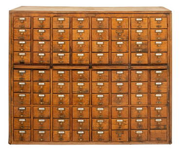 Library Bureau-Makers Oak Card Catalog Cabinet: Library Bureau-Makers Oak Card Catalog Cabinet with 80 drawers with brass handles and four pull out shelves, "LB Library Bureau-Makers LB" metal label affixed to front. 44.5" H x 54" W x 19.25" D. Pro