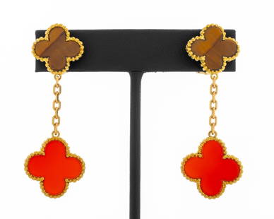 18K Tiger's Eye Carnelian Alhambra Style Earrings: 18K Yellow Gold Alhambra Style Drop Earrings, featuring tiger's eye and chain linked carnelian motifs, worn either as clip on earlobes with pads and omega backs or through pierced earlobes with hinged