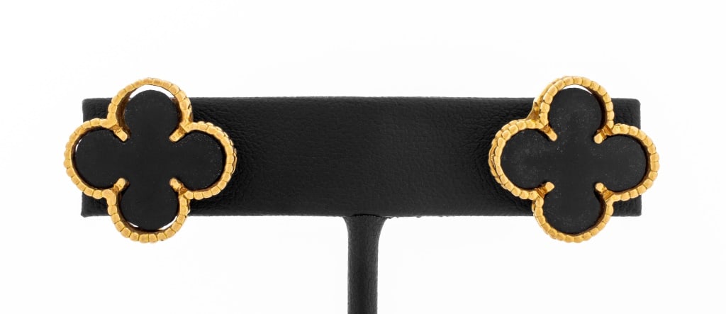 18K Yellow Gold Onyx Alhambra Style Earrings (1 of 4)