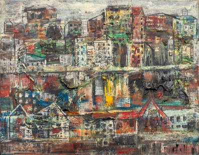 Norman Carton Abstract Cityscape Oil on Canvas: Norman Carton (Ukrainian/American, 1908-1980), Abstract Expressionist Cityscape, Oil on Canvas, signed "Carton" lower left and verso. 14.25" H x 18" W. Keywords: Paintings, City landscape scene, Abstr