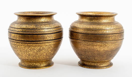 Tiffany Studios Gilt Bronze Urns, Pair: Pair of Tiffany Studios Gilt Bronze Urns, each marked "Tiffany Studios / New York / 1862" to underside. 6.5" H x 6.5" Diameter. Provenance: From a New York City collector. Keywords: Louis Comfort