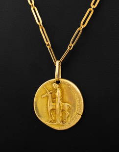 Mid-Century Modern 18K Unicorn Pendant Necklace: Mid-Century Modern 18K Unicorn Pendant Necklace, featuring a detachable pendant designed to resemble an ancient coin with a woman standing aside a unicorn on the front side, with Roman numerals and th