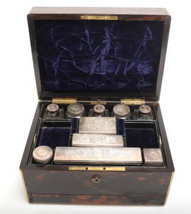 S. Mordan & Co. Travel Vanity & Silver Lidded Jars: Sampson Mordan & Co. English Necessaire de Voyage Travel Vanity Box with hinged lid with various storage compartments, button at back opens lower drawer, filled with assorted glass perfume bottles, ja