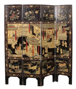 Chinese Coromandel Lacquered 4-Panel Floor Screen: Chinese Coromandel Polychrome Lacquered Four Panel Floor Screen. 72" H x 64" W. Keywords: Furniture, Room divider, Folding screen, Asian Art