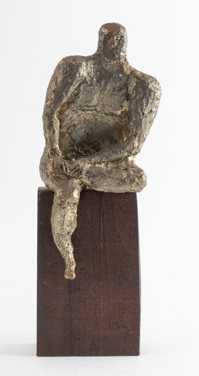 Modern Seated Male Nude Bronze Sculpture: Seated contemporary male nude bronze sculpture, unsigned. 11.5" H x 5.5" W (without base); 14" H (with base). Keywords: Abstract Art, Henry Moore Style, Tabletop Sculpture, Home Decor, Luxury. Provena