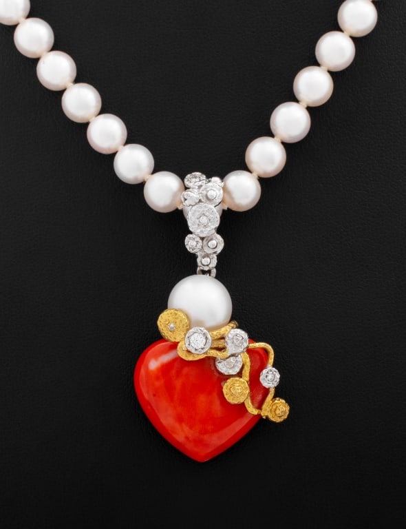 18K Pearl Coral Diamond Enhancer Pendant Necklace (1 of 8)