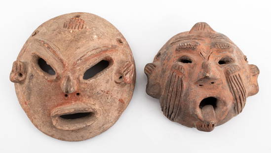 Ancient Pre-Columbian Tlatilco Pottery Masks, 2: Two Ancient Pre-Columbian Tlatilco Pottery Masks, Mexico, circa 100-550 BCE, both with mouths agape, one with tongue out and scarification or tattoos to cheeks. Larger: 5" Diameter x 2.75" D. Provenan