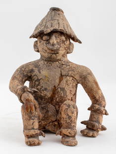 Pre-Columbian Jalisco Pottery Warrior Figure: Pre-Columbian Pottery Warrior Figure, Jalisco, Western Mexico, seated and donning a helmet, nose piercing, and wrist, ankle, and arm bracelets, with remnants of polychrome paint. Old repairs. 13.5" H