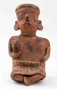 Pre-Columbian Nayarit Seated Female Figurine: Pre-Columbian Nayarit Pottery Seated Female Figurine, the figure holding a cup, with painted earrings, necklace, skirt, and hair. 10.5" H x 6" W. Keywords: Artifacts, Antiquities, Ceramic, Aztec,