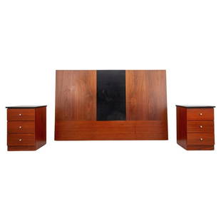 Wood & Granite Headboard & Bedside Cabinets, 3: Wood and Black Granite Headboard and Pair of Bedside Cabinets, king-sized, with included wood panel for wall mounting. Headboard: 48" H x 76" wide; cabinets: 108" W. Keywords: Furniture, Bedroom,