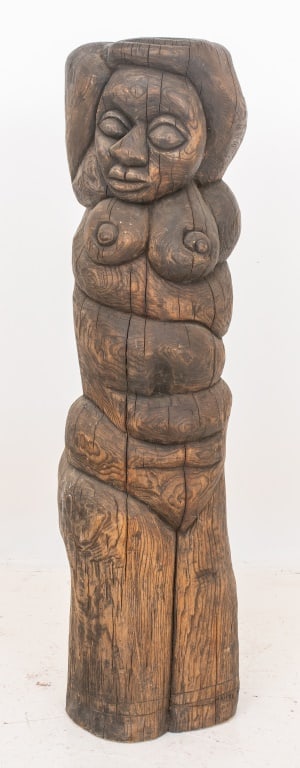 Totemic Female Figure Wood Sculpture, 20th C.: Totemic Female Figure Wood Sculpture, possibly Oceanic, likely 20th century, carved from ironwood in the form of a torqued and turning female figure, arms above her head and breasts forward, carved fr