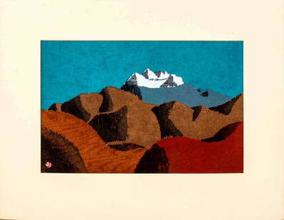 Umetaro Azechi "Mountains" Woodblock Print: Umetaro Azechi (Japanese, 1902-1999), "Mountains," Woodblock Print in Colors, signed in pencil lower left, unframed. Image: 17.5" H x 11.5" W; sheet: 13" H x 19" W. Keywords: Prints, Multiples, Mounta