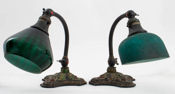 H.G. McFaddin Bellova Acorn and Oak Lamps, Pair: Pair of H.G. McFaddin & Co. Bellova Acorn and Oak Painted Bronze Desk Lamps, one with adjustable watermelon green glass shade and one floral etched, each labeled "Bellova / H.G. McFaddin & Co., NY". E