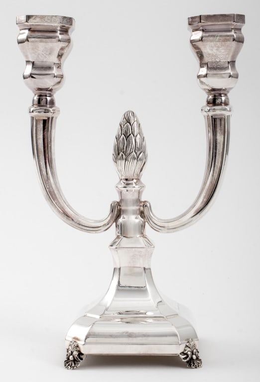 Hazorfim Sterling Silver 2 Arm Shabbat Candlestick: Hazorfim Judaica Sterling Silver Shabbat Candlestick Holder, with two arms conjoined by a pinecone finial atop an octagonal base upon four foliate feet, struck "MASORETT / 925S" to base, together with