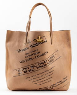 Vivienne Westwood Anglomania Tan Leather Tote Bag: Vivienne Westwood Anglomania Tan Leather Tote Bag, with two top handles and black text reading "Vivienne Westwood / (Opp. Christie's) / Conduit Street / MAYFAIR LONDON ..." and marked "Vivienne Westwo