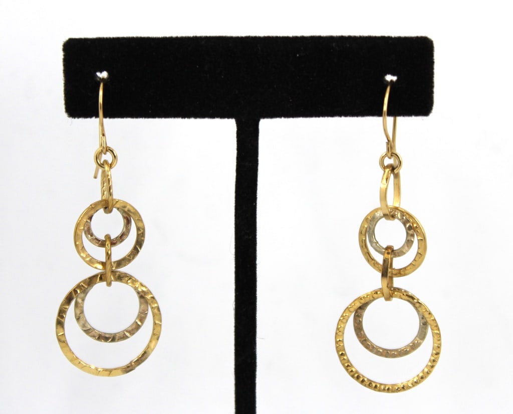 14K Yellow & White Gold Link Hoop Dangle Earrings: 14K Yellow and White Gold Hoop Dangle Earrings with linked hoops and textured surface on French hook clasps, unmarked, gold tested. 2" L drop. Approx.: 2.8 dwt. Keywords: Jewelry, Fashion, Accessories