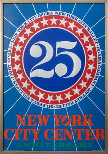 Robert Indiana "New York City Center" Poster: Robert Indiana (American, 1923-2018), "25th Anniversary of New York City Center", Poster Serigraph, 1968. Image: 34.5" H x 24.5" W; frame: 36" H x 26" W. Provenance: From a New York City collection.