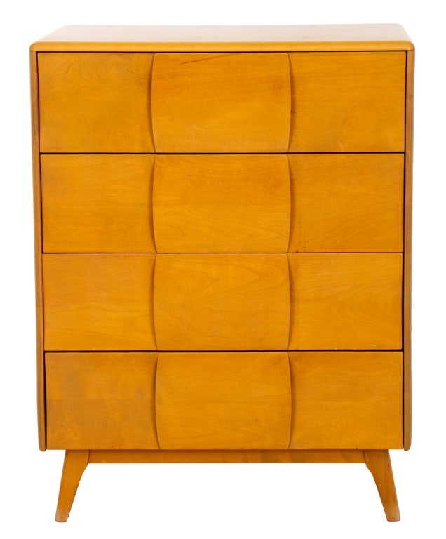 Heywood Wakefield Kohinoor Dresser, ca. 1950: Heywood Wakefield "Kohinoor" Four Drawer Highboy Dresser, in "Wheat", stamped inside the top drawer, and marked on back with patent and model numbers. 45" H x 34" W x 19" D. Keywords: Designer, Furnit