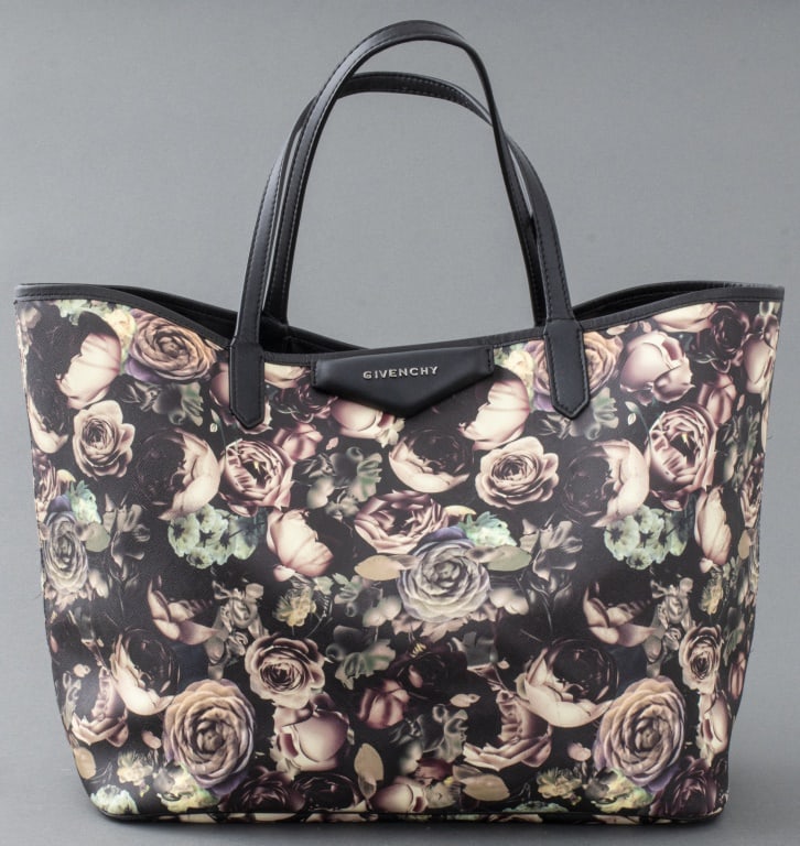 Givenchy Floral Print Canvas Leather Tote Handbag: Givenchy Floral Print Canvas and Leather Tote Handbag, made in Italy, with pochette. 12.5? H x 21? W x 7.5? D. Provenance: Property from a 157 East 57th Street estate. Keywords: Designer, French, Fash