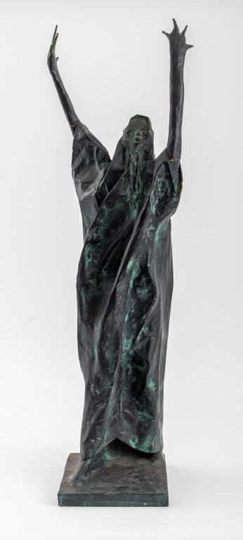 Douglas Staten Moses Figure Papier Mache Sculpture: Douglas Staten (American, XX) Mid-Century Modern Papier Mache Sculpture, 1965, depicting a bearded figure raising his hands over his head, signed "D. Staten" and dated to underside. 30.5" H x 7" W x 9