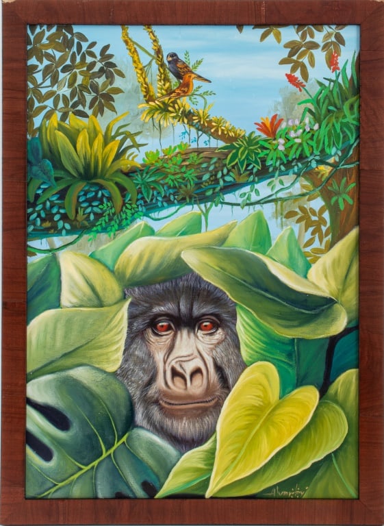Illegibly Signed Jungle Scene with Gorilla Acrylic (1 of 12)