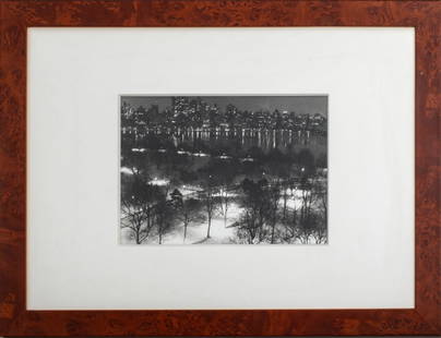 Jennifer Neurnan "Winter ..." Silver Gelatin Print: Jennifer Neurnan, "Winter Night, Central Park" Silver Gelatin Print, 1987, Birds Eye View of New York Skyline, titled, dated, and pencil signed to lower border below matting, in wood frame. Image: