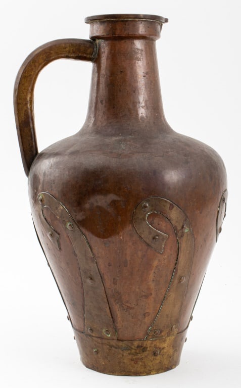 Russian Arts & Crafts Tula Copper Pitcher, c. 1900: Russian Imperial Period Arts and Crafts Style Brass Mounted Copper Tula Pitcher, circa 1900, with crowned Imperial warrant and partially visible in Cyrillic: "f. v' Tul'e" [m.[ade] in Tula" to undersi