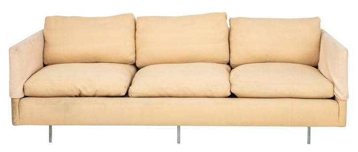 Knoll Manner Modern Upholstered Sofa: Florence Knoll (American, 1917-2019) Style Modern Upholstered Sofa, rectangular with three seats above tubular steel legs. 28" H x 88" L x 39" D; seat: 18" H. Provenance: From a Brooklyn townhouse.